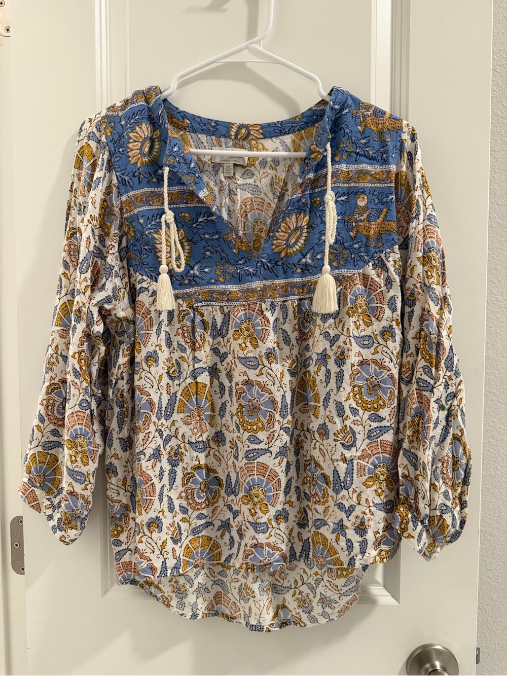 Lucky Brand Blue and Cream Floral Peasant Blouse